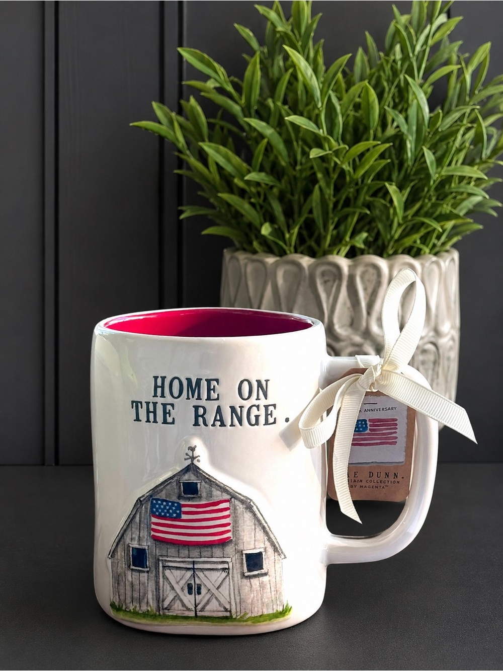 Rae Dunn White Mug with Pink Interior "Home on the Range"